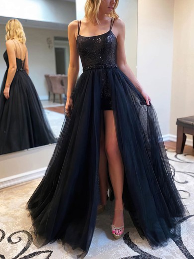Tulle Sequined Square Neckline A-line Floor-length Beading Prom Dresses #UKM020106784