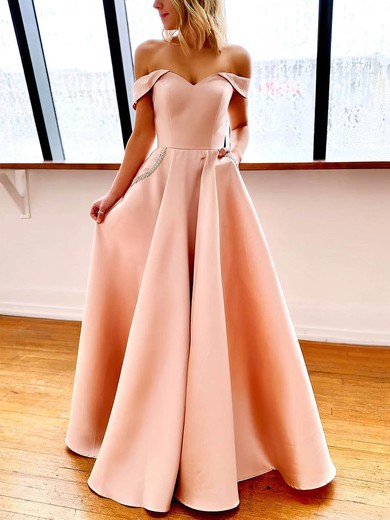 Satin Off-the-shoulder A-line Floor-length Beading Prom Dresses #UKM020106801