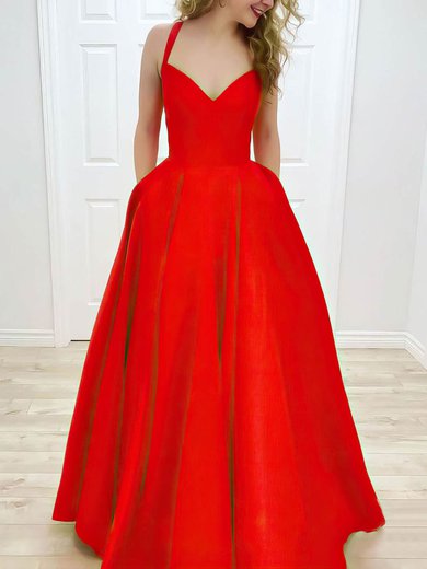 Satin V-neck Ball Gown Floor-length Pockets Prom Dresses #UKM020106807