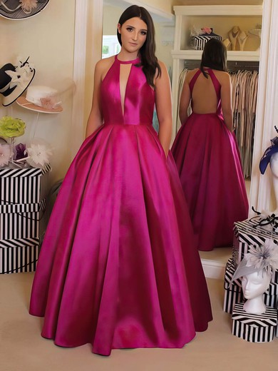 Satin V-neck Ball Gown Floor-length Pockets Prom Dresses #UKM020106815