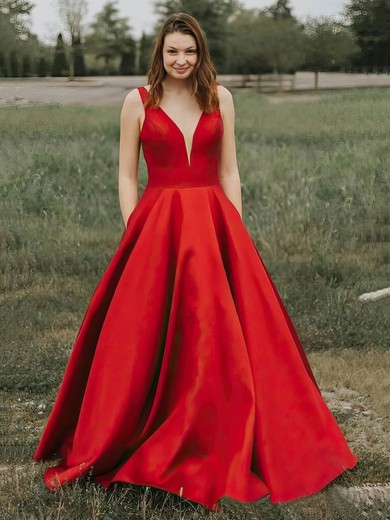 Satin V-neck Ball Gown Court Train Pockets Prom Dresses #UKM020106834