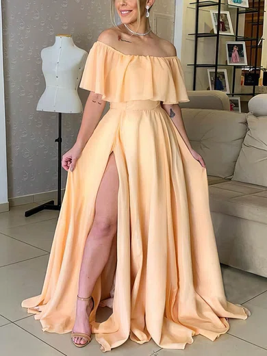 A-line Sweep Train Off-the-shoulder Chiffon Split Front Prom Dresses #UKM020106861