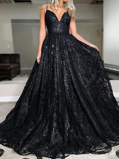 A-line V-neck Sequined Sweep Train Prom Dresses Sale #sale020106877