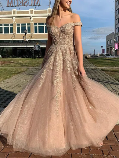Tulle Off-the-shoulder A-line Sweep Train Beading Prom Dresses #UKM020106936