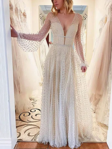 A-line Floor-length V-neck Tulle Long Sleeves Pearl Detailing Prom Dresses #UKM020106937