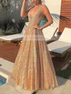 Glitter V-neck A-line Floor-length Sashes / Ribbons Prom Dresses #UKM020106944