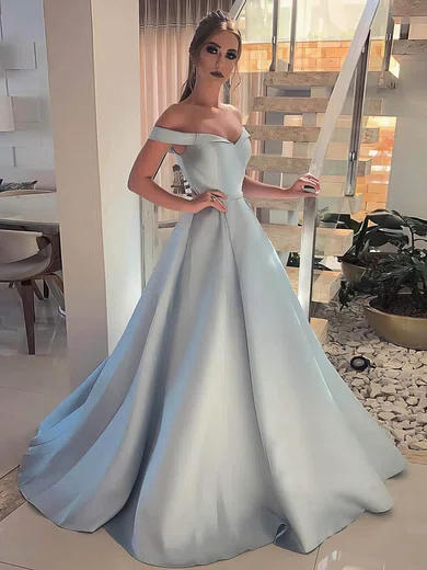 Satin Off-the-shoulder A-line Sweep Train Sashes / Ribbons Prom Dresses #UKM020106945