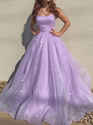 Lilac Ball Gown Scoop Neck Tulle Prom Dresses With Ruched #UKM020106947