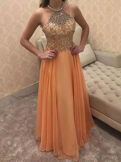A-line Halter Chiffon Floor-length Prom Dresses With Beading #UKM020106949