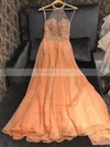 Chiffon Halter A-line Floor-length Beading Prom Dresses #UKM020106949