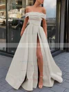 Satin Off-the-shoulder A-line Sweep Train Sashes / Ribbons Prom Dresses #UKM020106951