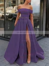 Satin Off-the-shoulder A-line Sweep Train Sashes / Ribbons Prom Dresses #UKM020106951