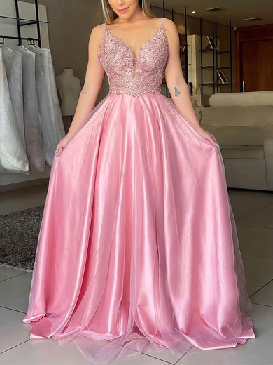 A-line Sweep Train V-neck Tulle Silk-like Satin Appliques Lace Prom Dresses #UKM020106954