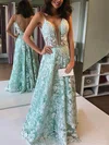 Tulle V-neck A-line Sweep Train Appliques Lace Prom Dresses #UKM020106955