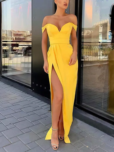 Sheath/Column Off-the-shoulder Satin Corset Prom Dresses With Ruched #UKM020106966