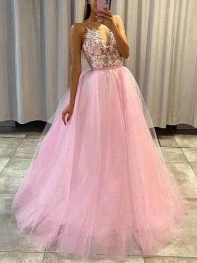 Ball Gown V-neck Floor-length Tulle Prom Dresses With Appliques #UKM020106969