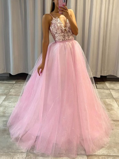 Glitter V-neck A-line Detachable Appliques Lace Prom Dresses #UKM020106969