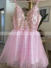 Glitter V-neck A-line Detachable Appliques Lace Prom Dresses #UKM020106969
