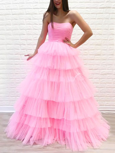 Ball Gown/Princess Floor-length Straight Tulle Tiered Prom Dresses #UKM020106970