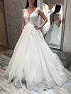 Organza V-neck Ball Gown Sweep Train Beading Prom Dresses #UKM020106976