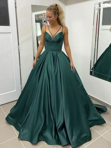 Satin V-neck Ball Gown Court Train Pockets Prom Dresses #UKM020106979