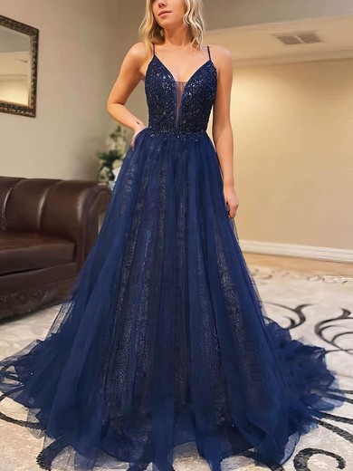 Ball Gown/Princess Sweep Train V-neck Lace Tulle Beading Prom Dresses #UKM020106980
