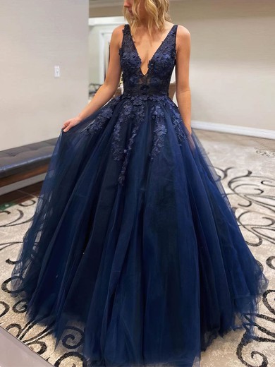 Ball Gown/Princess Sweep Train V-neck Tulle Appliques Lace Prom Dresses #UKM020106981