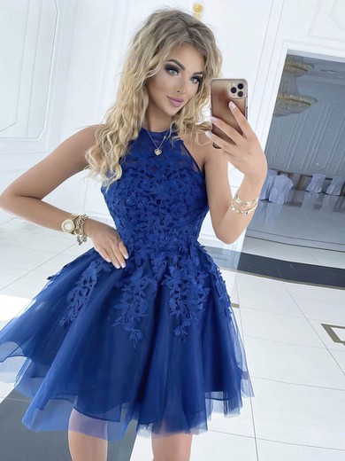 Tulle Halter A-line Short/Mini Appliques Lace Prom Dresses #UKM020106984