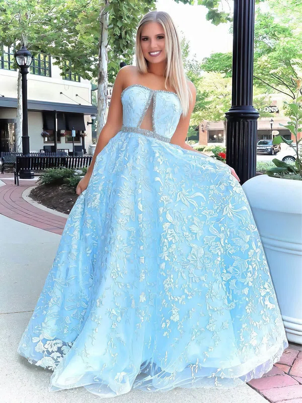 Tulle Strapless Ball Gown Sweep Train Beading Prom Dresses #UKM020106986