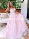 Tulle Strapless Ball Gown Sweep Train Beading Prom Dresses #UKM020106986