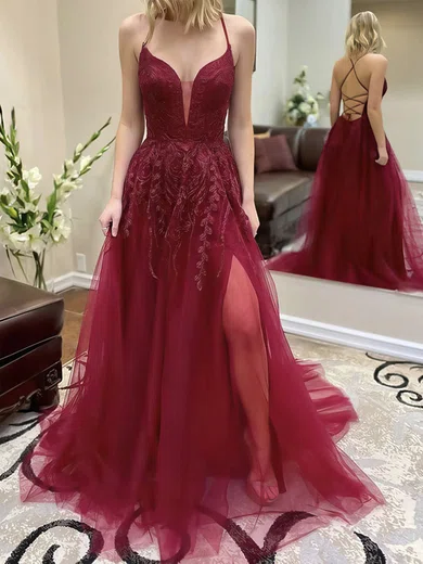 Ball Gown V-neck Tulle Sweep Train Appliques Lace Prom Dresses #SALEUKM020106992