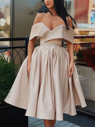 A-line Off-the-shoulder Silk-like Satin Knee-length Ruffles Short Prom Dresses #UKM020107001