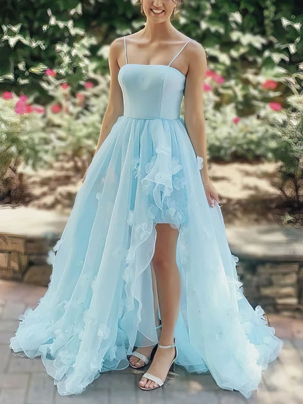 Ball Gown/Princess Sweep Train Straight Tulle Flower(s) Prom Dresses #UKM020107003