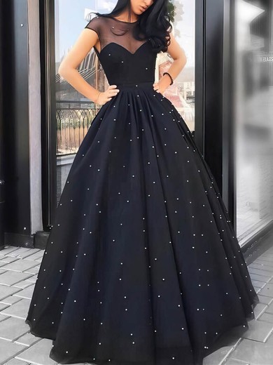 Ball Gown Scoop Neck Tulle Floor-length Pearl Detailing Prom Dresses #UKM020107012