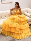 Ball Gown/Princess Floor-length V-neck Tulle Tiered Prom Dresses #UKM020107018