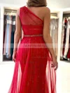 Tulle One Shoulder A-line Sweep Train Beading Prom Dresses #UKM020107020