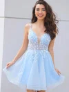 A-line V-neck Tulle Short/Mini Appliques Lace Short Prom Dresses #UKM020107027