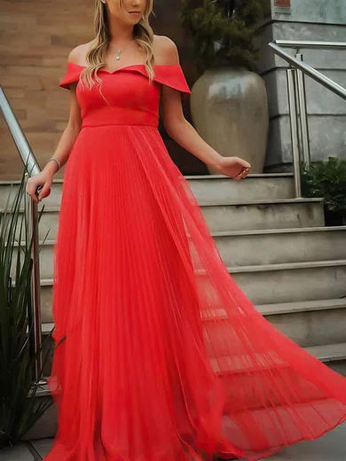 Tulle Off-the-shoulder A-line Sweep Train Prom Dresses #UKM020107031