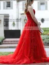 Tulle Strapless A-line Court Train Beading Prom Dresses #UKM020107033