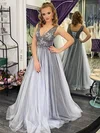 Tulle V-neck A-line Sweep Train Sequins Prom Dresses #UKM020107050