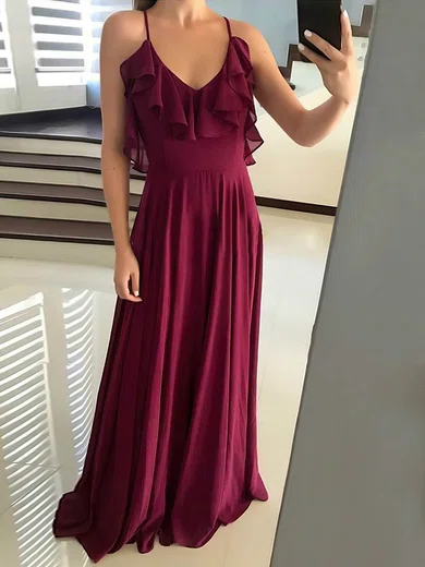 Chiffon V-neck A-line Sweep Train Cascading Ruffles Prom Dresses #UKM020107057