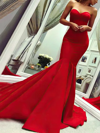 Red Mermaid Stretch Crepe Strapless Prom Dresses #UKM020107062