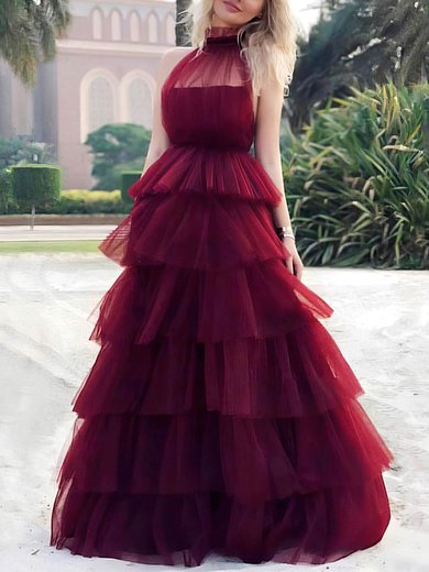 Tulle High Neck Princess Sweep Train Tiered Prom Dresses #UKM020107069