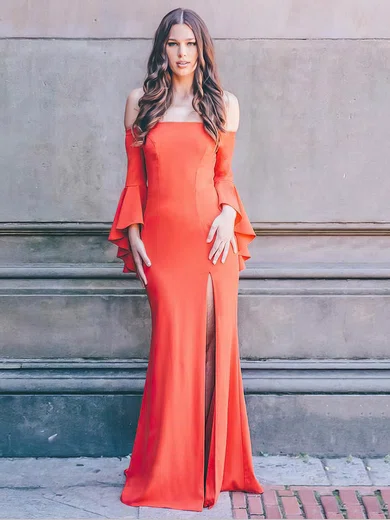 Silk-like Satin Off-the-shoulder Sheath/Column Floor-length Cascading Ruffles Prom Dresses #UKM020107070
