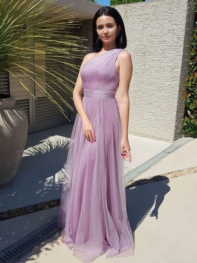 A-line One Shoulder Tulle Prom Dresses With Ruched #UKM020107072