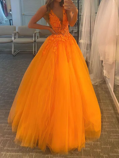 Princess V-neck Backless Tulle Prom Dresses With Appliques #UKM020107073
