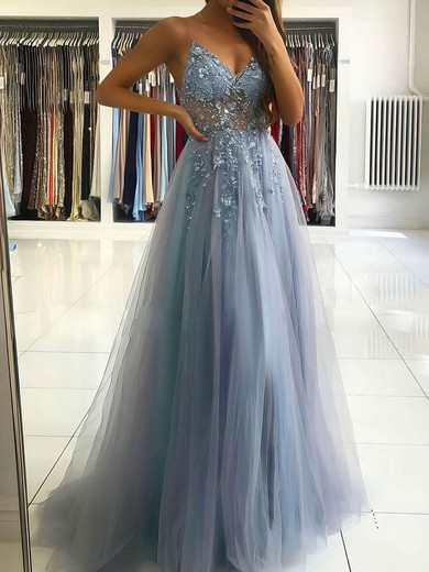 Ball Gown/Princess Floor-length V-neck Tulle Beading Prom Dresses #UKM020107079