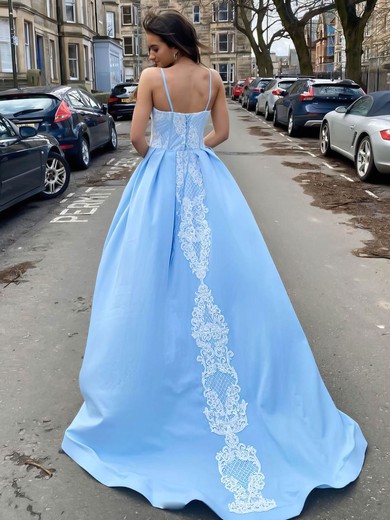 Satin V-neck A-line Sweep Train Appliques Lace Prom Dresses #UKM020107081
