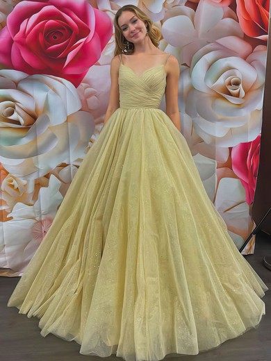 Glitter V-neck Ball Gown Sweep Train Ruffles Prom Dresses #UKM020107082