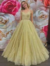 Glitter V-neck Ball Gown Sweep Train Ruffles Prom Dresses #UKM020107082